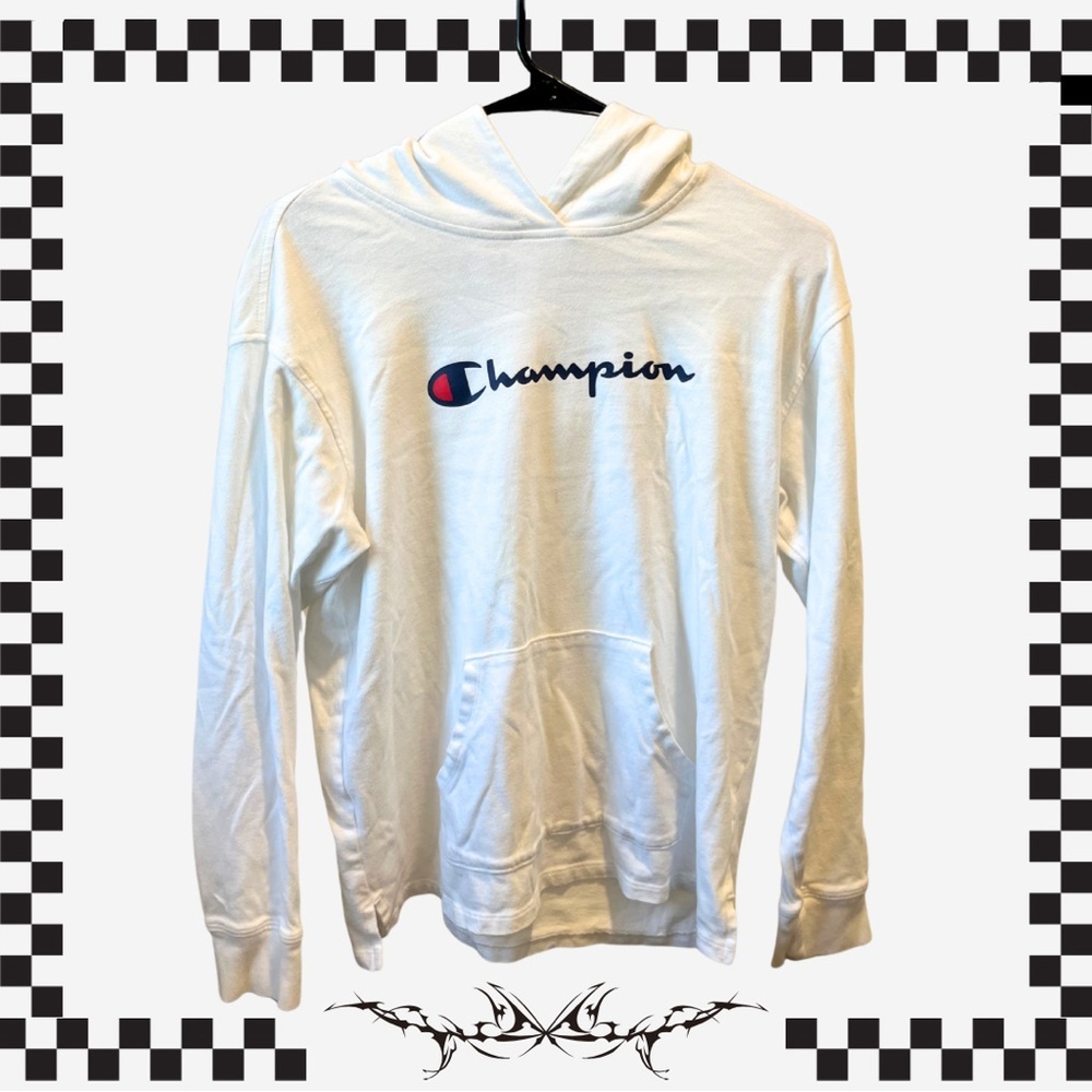 Champion White Lightweight Hoodie Y2K Grunge Skater Streetwear Vintage
